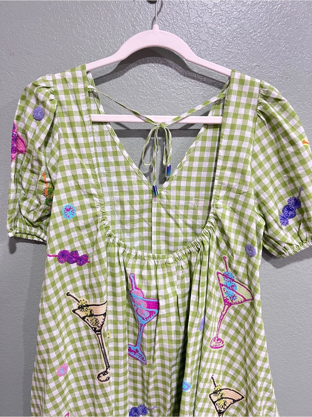 New QOS Green & White Multi Martini Colorblock Gingham Dress - Picture 4 of 6